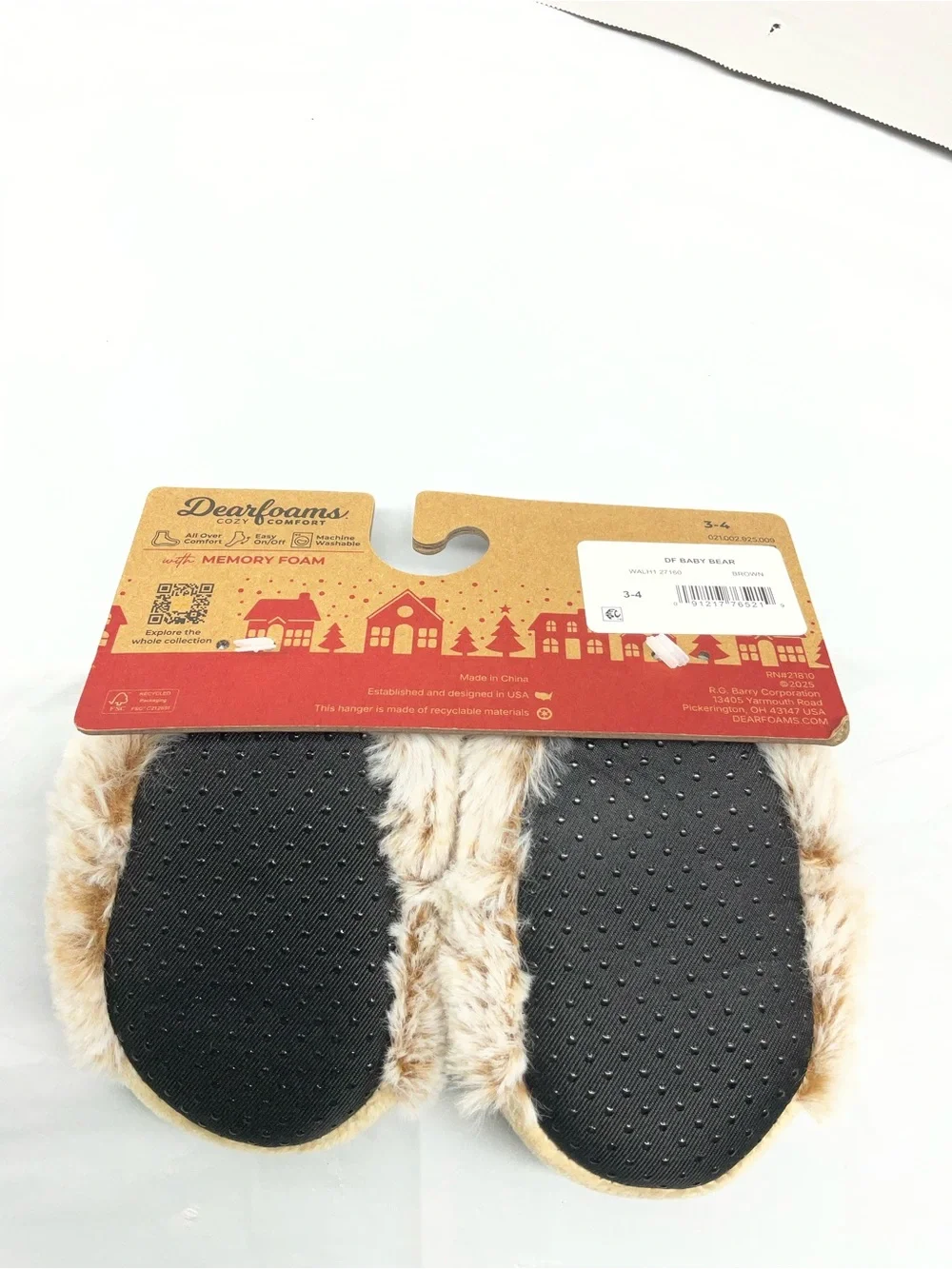 dearfoams Plush Bear Slip-On Slippers in Light Beige with Red Accents
